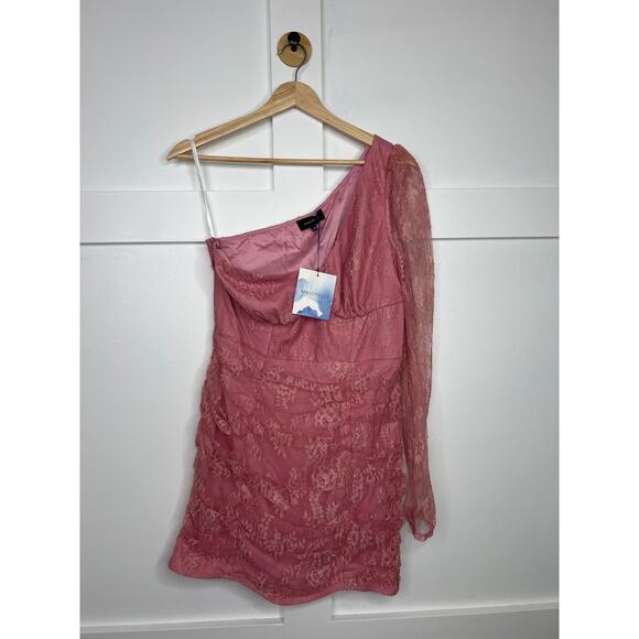 NWT Majorelle Ilaria One Shoulder Lace Overlay Mini Dress Pretty Pink Size: M - Picture 2 of 7